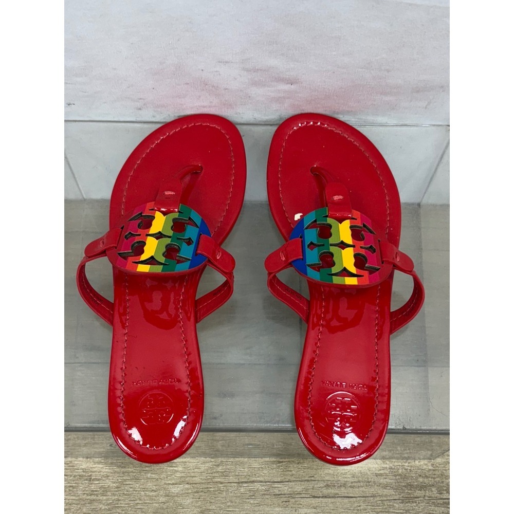 Tory Burch Miller Rainbow Logo Red Patent Leather Flip Flops Sandals - Picture 4 of 11
